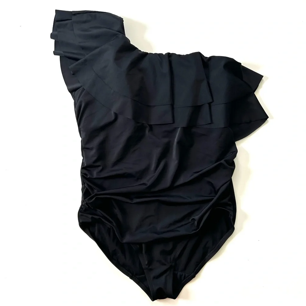 Lane Bryant Cacique Black One Shoulder Ruffle No Wire Repreve One Piece Swimsuit